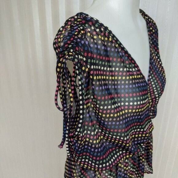 Papaya Blouse Women Small Sheer V-neck Gather Waist Polka Dots Summer Top S - Picture 2 of 10
